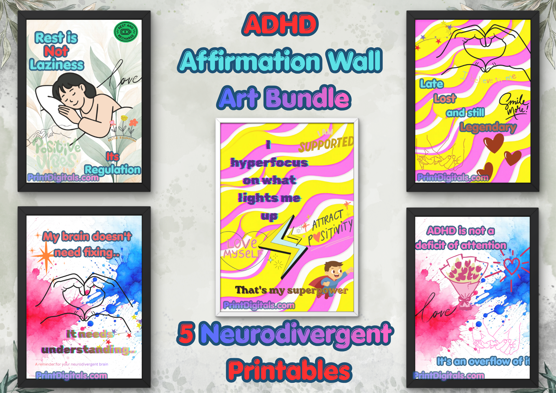5 bold, colorful ADHD affirmation wall art prints